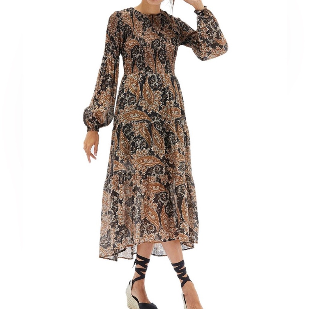 MINKPINK Persian Paradise‎ Midi Dress S Shirred Ruffles Brown Paisley Modest NEW